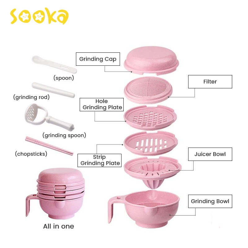 SOOKA Baby Food Maker Grinding Bowl Alat Pembuat Makanan Bayi Saringan Makanan Anak Baby Safe Food Maker Mpasi 9pcs SK-ECB1052