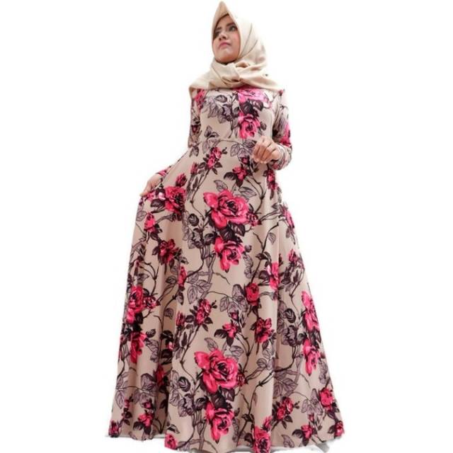 Gamis mawar syar'i motif bunga fashion muslimah big size warna black mocca maroon navy