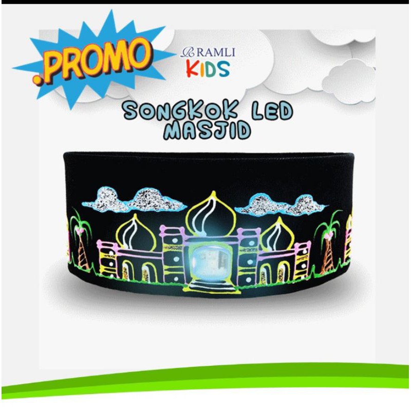 Peci Kopyah Songkok Hitam Anak Motif Masjid Dengan Lampu LED
