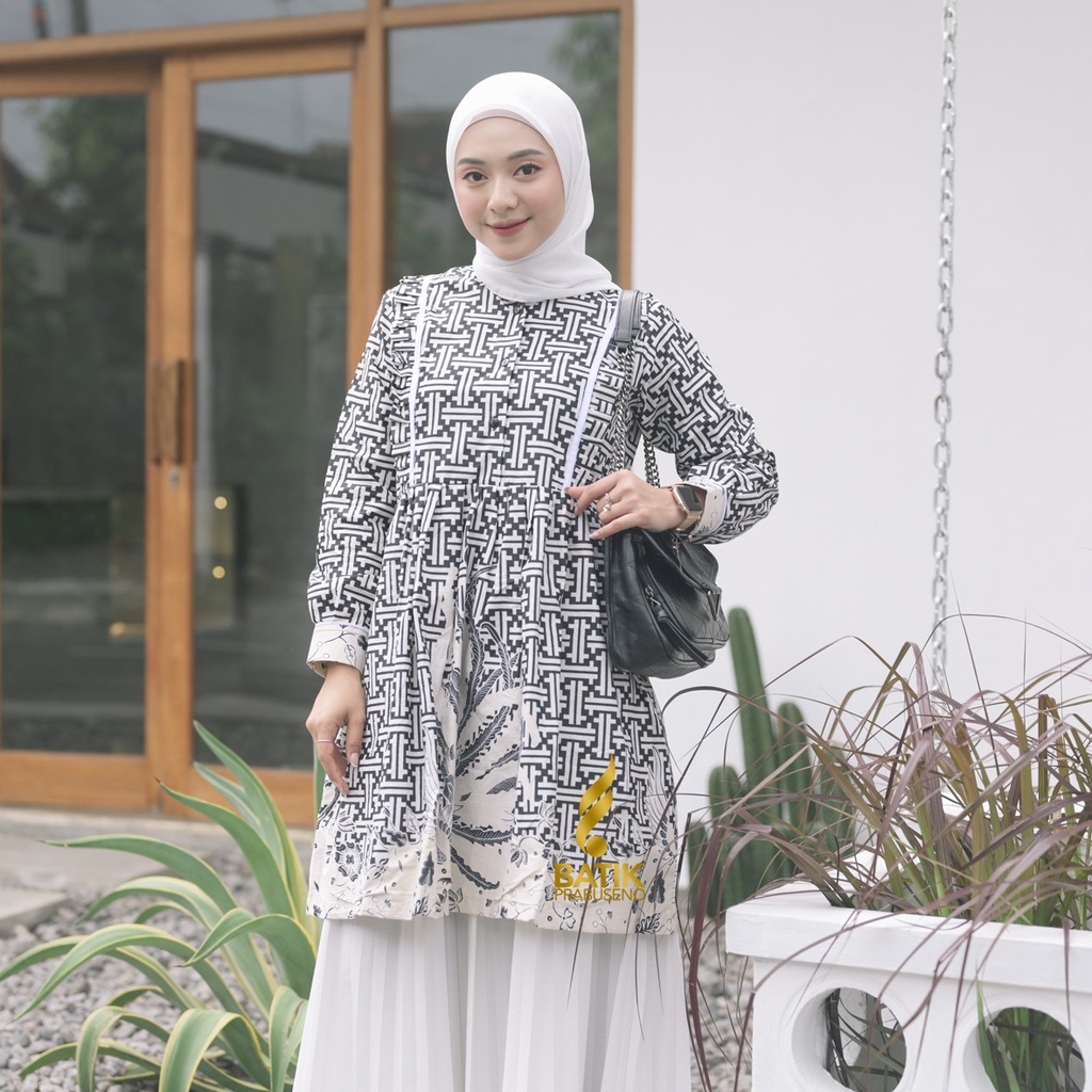 Wati Tunik Atasan Batik Wanita Prabuseno Original Premium Blouse Muslimah Hijab Kantoran Full Furing Size Jumbo Busui Model Stylish Terbaru Batik Solo