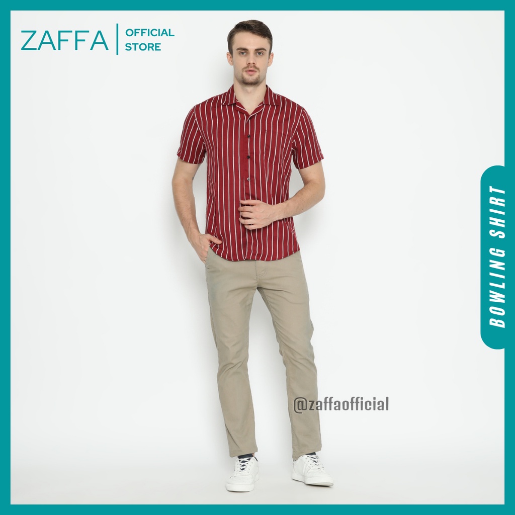 Zaffa Kemeja Salur Pria Lengan Pendek  Kerah Pantai Katun Motif Stripe Garis Maroon Unisex Z-1003