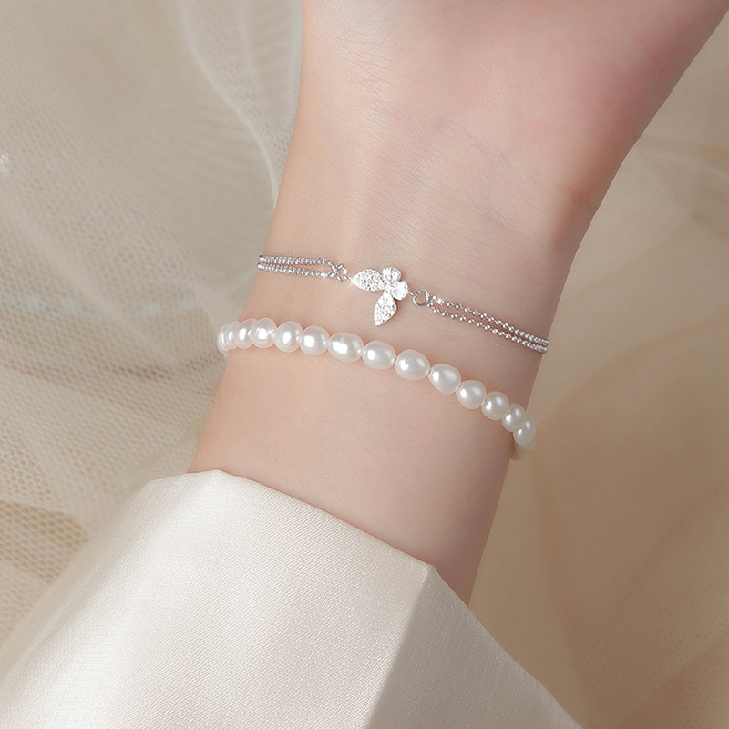 We Flower Korean Crystal Butterfly Bracelet for Women Girls Double Silver Beaded Wrist Chain Jewelry