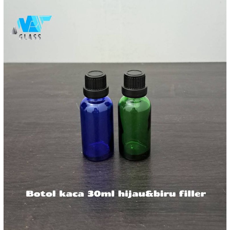 botol kaca 30ml hijau biru tutup filler hitam / botol essential oil 30ml