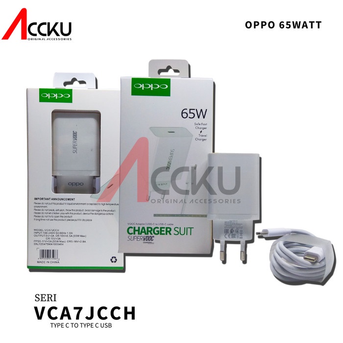 Travel Charger Oppo Reno 6 Pro Cas Charger Oppo 65W  Original Charger Oppo Super Dart VCA7JCCH Oppo USB C to Type C Original 100%