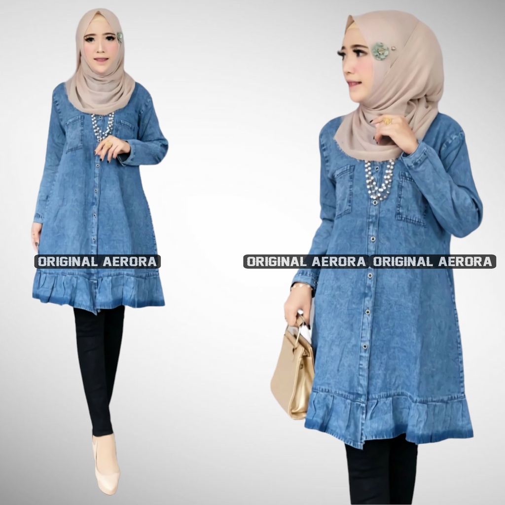 Baju Atasan Tunik Jeans Denim Wanita Terbaru 2021 Busui Kekinian Bordir Bawah Rampel Premium Ld 100 P 85 Saomy Snow Allsize