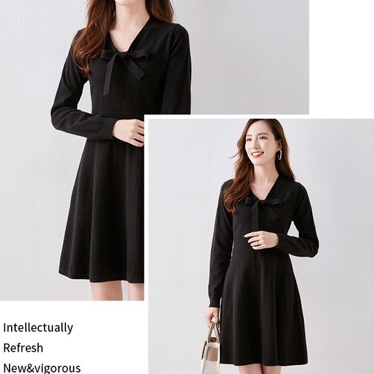 【Elegant】V-neck Loose Fitting Hang Stripe Lembut Knit Midi Dress 2328