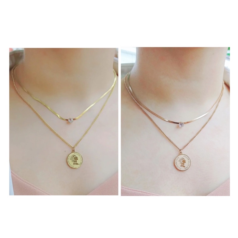 Kalung titanium rantai 2 layer liontin diamond koin elizabeth