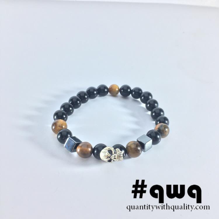 Gelang Batu Cowok Cewek (brown tiger eye, onyx stone, and square hematite) - SKULL