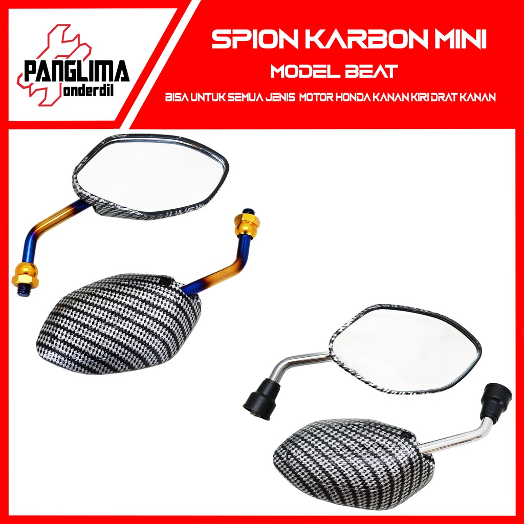 P5-Spion Mini Karbon Model Beat Gagang Twotone-Chrome Motor Honda Drat Kanan Baut 14 Kaca-Set Variasi Kecil Carbon Vario-Scoopy-Spacy-Revo-Grand-Supra