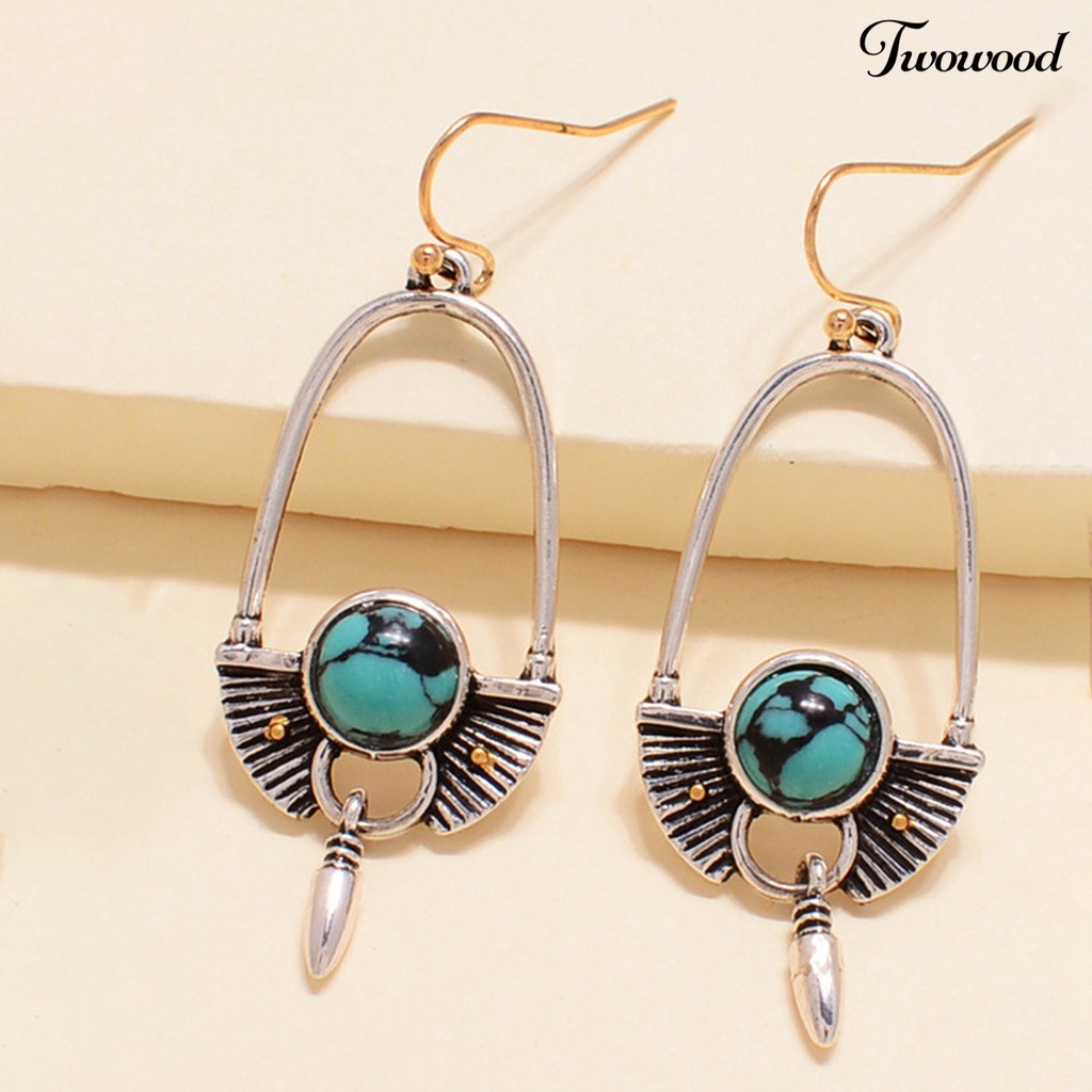 1 Pasang Anting Hook Panjang Bentuk Bulat Turquoise Gaya Bohemia Untuk Hadiah