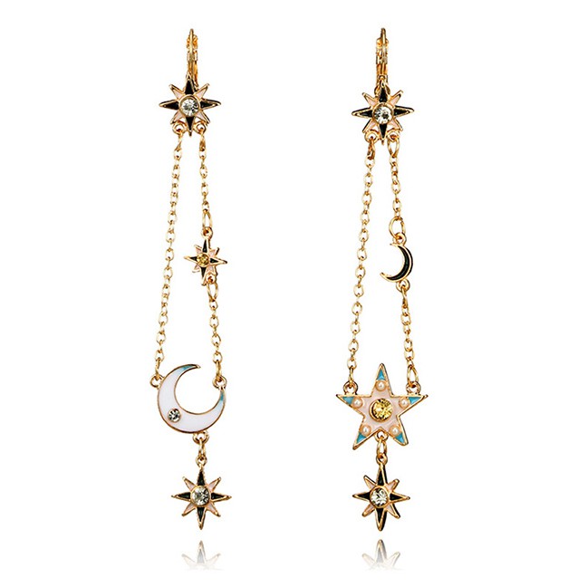 LRC Anting Tusuk Fashion Gold Color Moon&amp;star Decorated Long Tassel Earrings