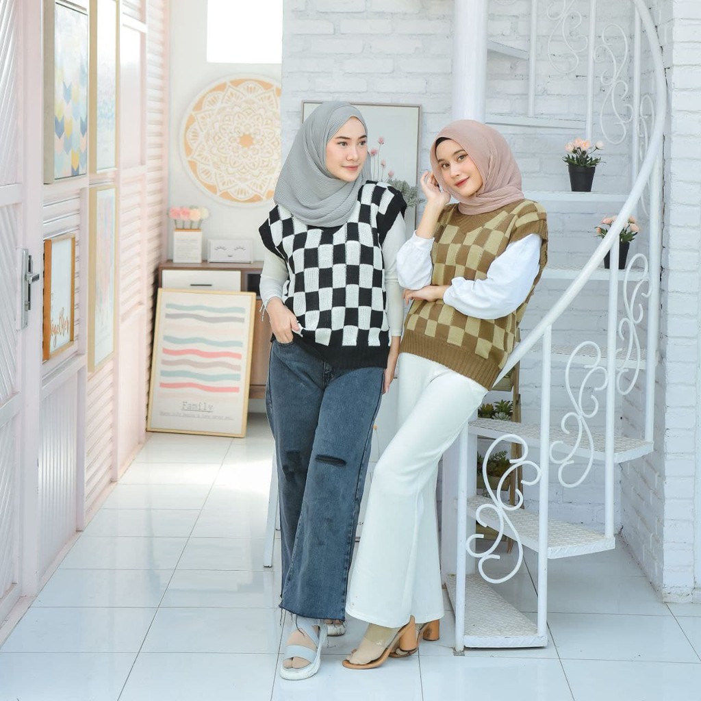 Rompi Rajut Big Catur Vest Outher Wanita Outer Motif Kotak Kotak Murah Tanpa Lengan Terbaru 2021