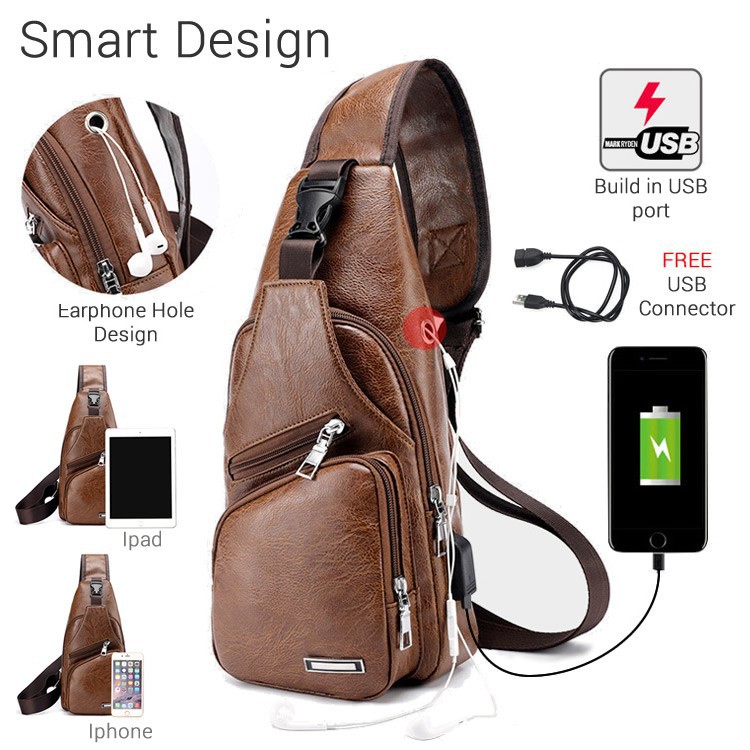 ☀INDOLAND☀ Selempang Kulit Pria Tas Hp/Tas Dada Usb/Tas Impor Jakarta /Sling Bag Usb Kulit/Selempa P039