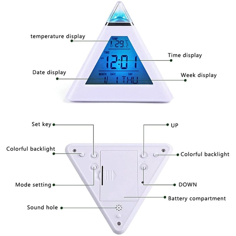 [7 LED Color Change Battery Operated Digital Alarm Clock With Night Light, Dimmer, Sleep Timer] [Electric Triangle Pyramid Clocks for Bedroom, Bedside, Desk, Table]