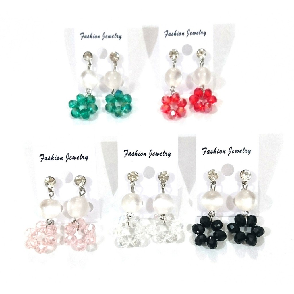 anting panjang manik manik bunga crystal ammb stainless