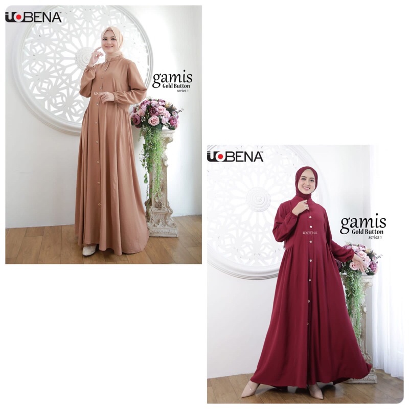 BestSeller Terbaru Baju Gamis Gold Button Crincle Ori UOBENA Murah Cantik Berkualitas
