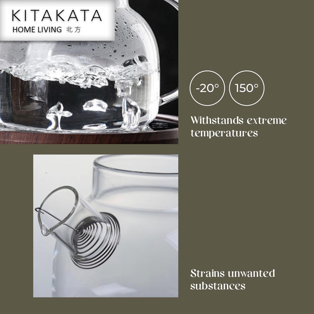 KITAKATA POTTO Teapot Teko Teh air panas kaca dengan tutup kayu anti panas High Borosilicate berkualitas tekko kaca pemanas air kompor aman masak air kaca