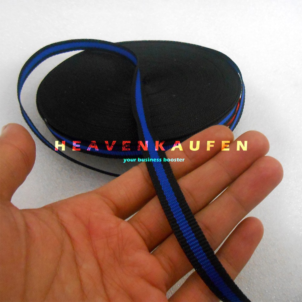 Tali Lanyard Lebar 1 cm Warna Hitam Strip Tengah Biru Meteran