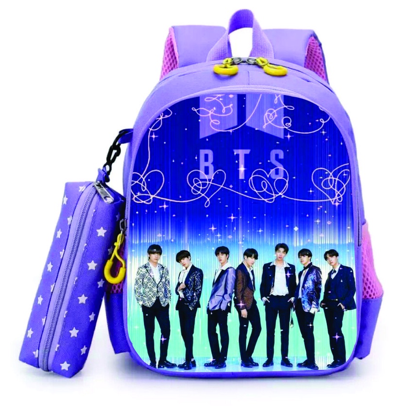 DAEYBAG_Tas Ransel Sekolah Anak Karakter KPOP BTS 2in1 / Bonus Tempat Pensil / Tas Ransel Viral KPOP untuk Anak Sekolah TK SD PAUD