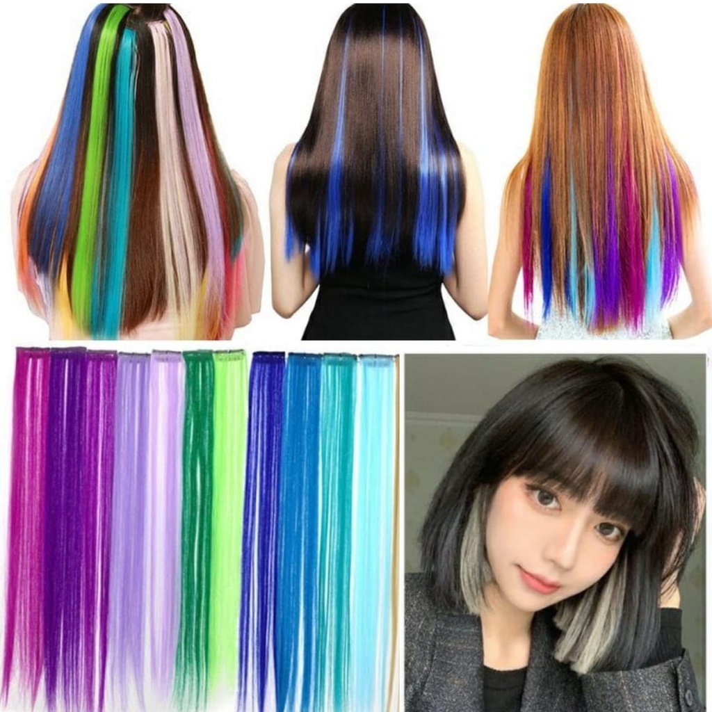 Wig Jepit rambut palsu lurus untuk harian pesta Hariclip highlight wig / hair clip on extention ombre warna warni abu putih