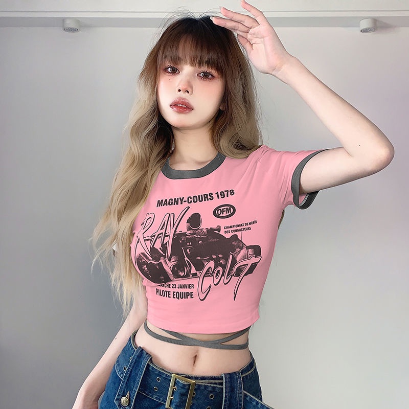 Prove kekinian atasan crop top American ins net red hot girl fun print slim T-shirt female niche design crop top baju import kaos wanita korean style