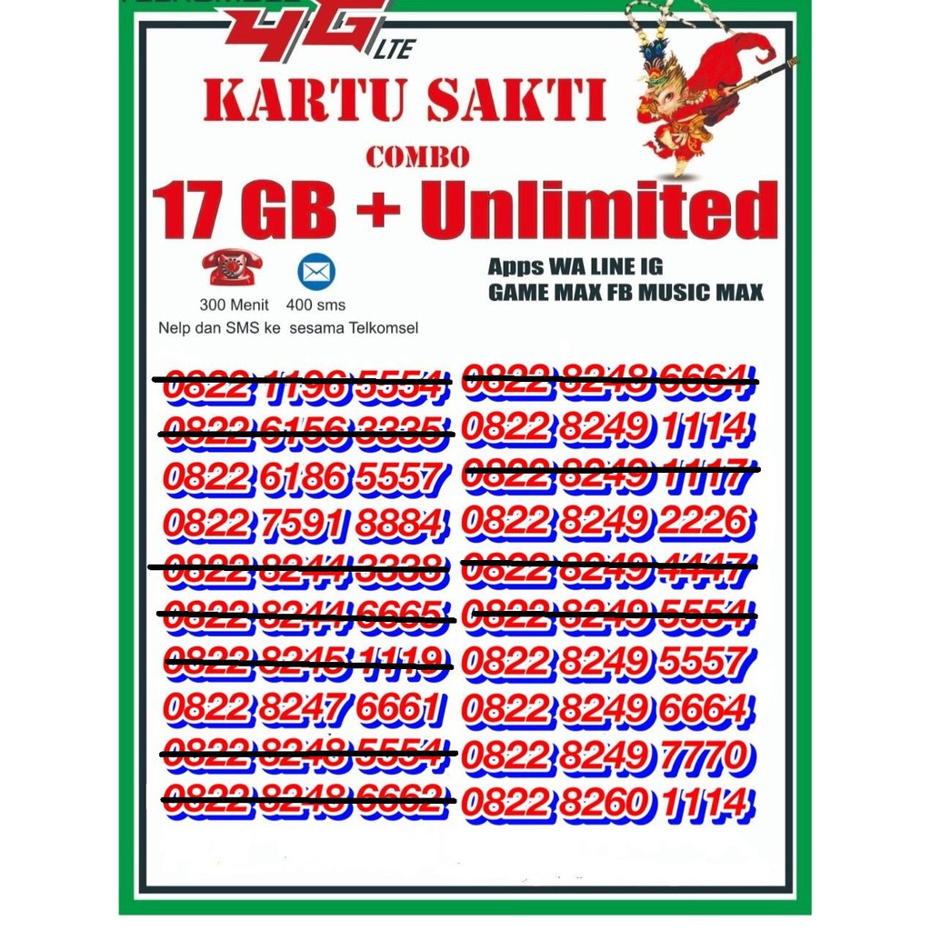 Nomor cantik kartu perdana simpati loop 4G LTE SAKTI COMBO TELKOMSEL 17GB