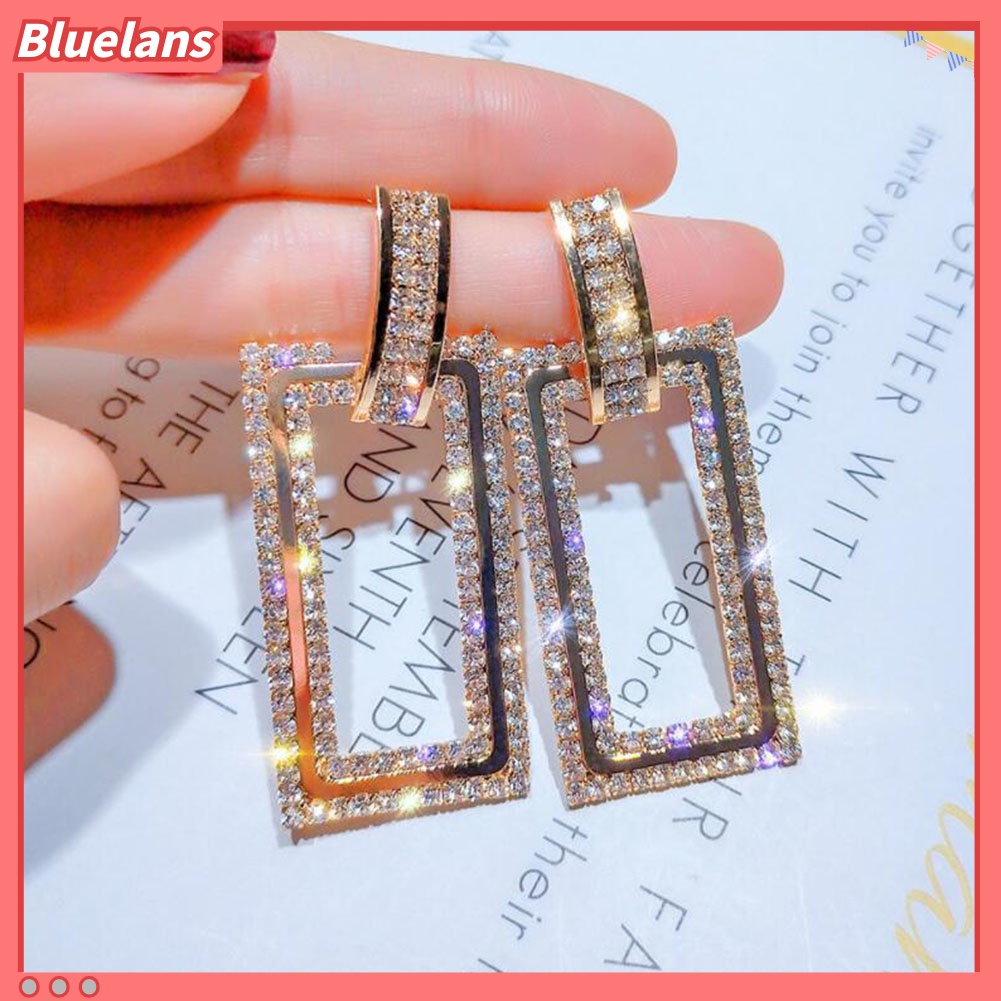 Bluelans Women Rhinestone Inlaid Hollow Rectangle Dangle Ear Stud Earrings Jewelry Gift