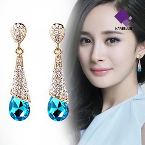 Naiveblue &gt; Anting Tusuk Gantung Desain Tetesan Air Hias Zircon + Berlian Imitasi Untuk Wanita