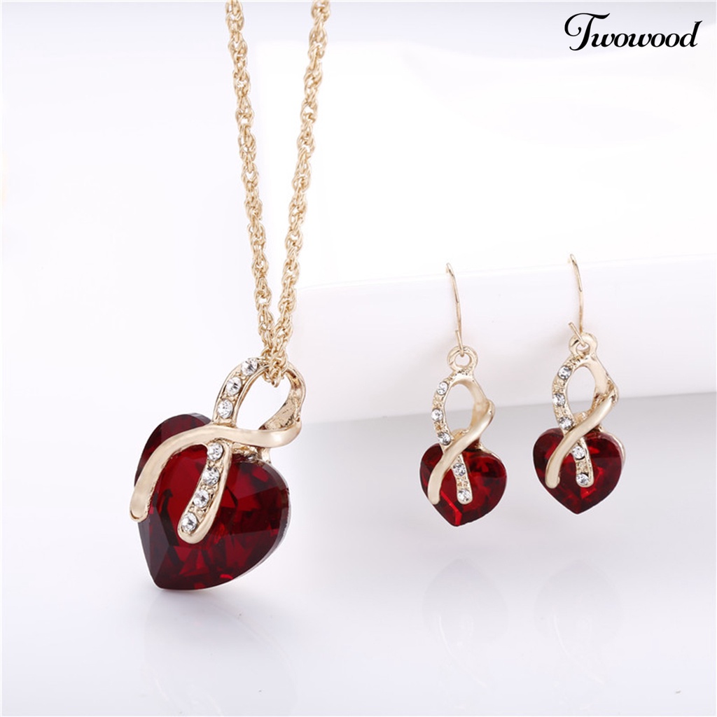 1 Set Kalung Anting Liontin Hati Kristal Tiruan Tahan Lama Untuk Perhiasan Pernikahan Wanita
