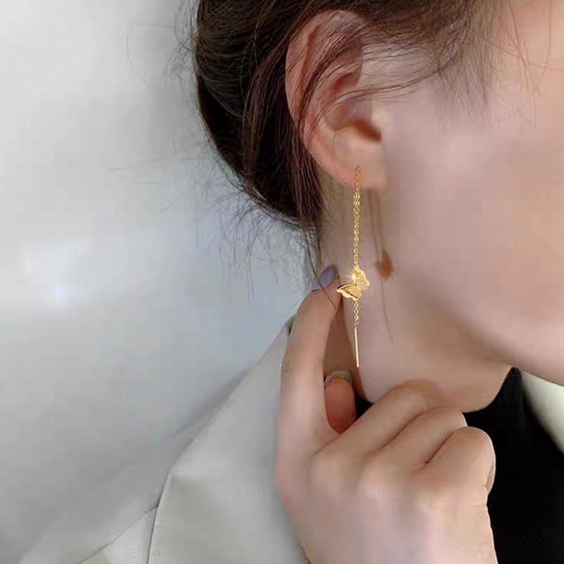 Anting Kupu kupu Korea Titanium Panjang Lapis Emas 18K Aksesoris Wanita Anting Rumbai Perhiasan