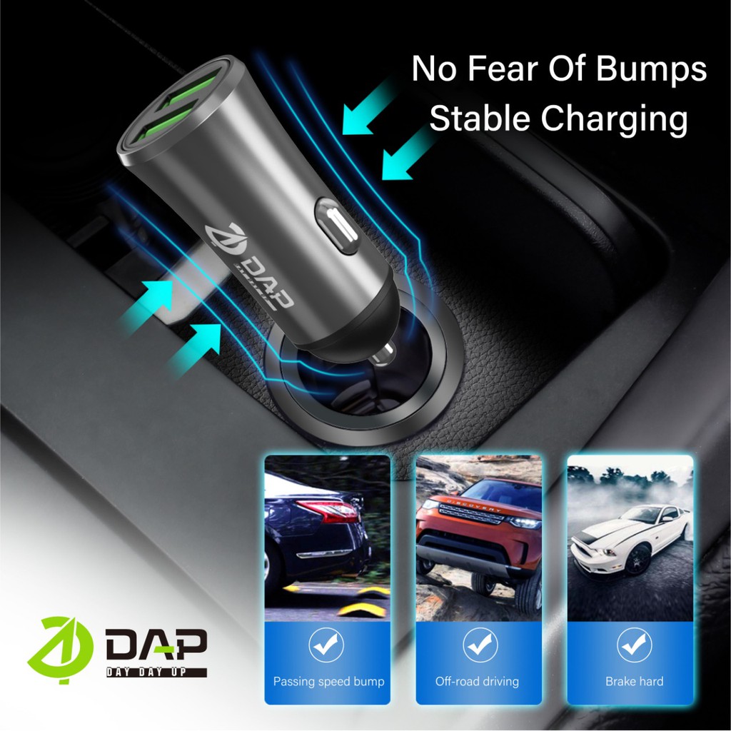 Car Charger - Motor Charger Free Kabel Micro Colokan Mobil 2 Ports 2.4A DAP Black Grey – D-CC2N Garansi 1 Tahun