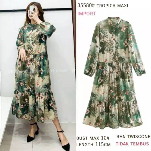 Midi Dress/ long tunik bunga daun hijau bkk