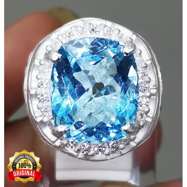 Cincin Batu Akik Blue Topaz Asli Ring Perak