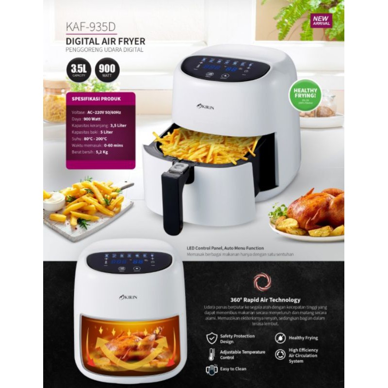 Air Fryer Kirin Digital KAF 935D Baki 5 Liter Dengan Keranjang Garansi Resmi