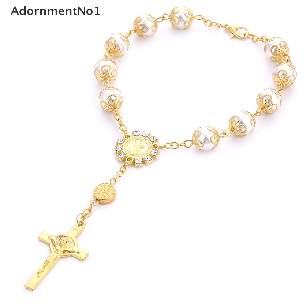 (AdornmentNo1) Gelang Tangan Rosario / Katolik Manik-Manik Mutiara Imitasi + Liontin Yesus Untuk Wanita