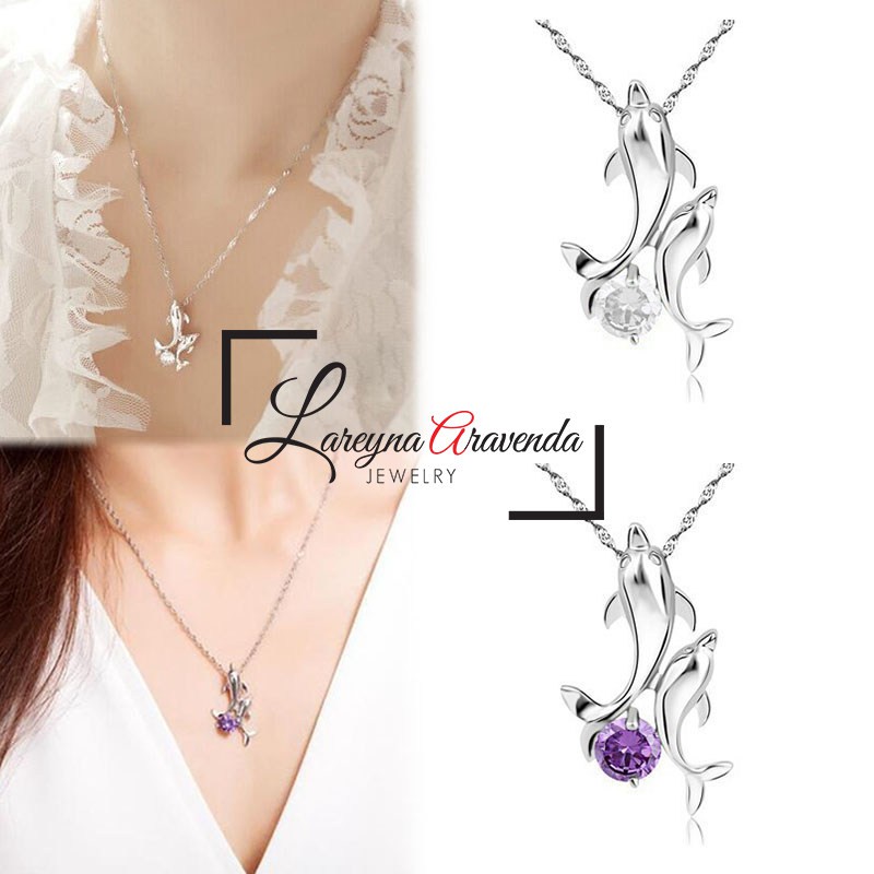 Kalung Titanium Wanita Anti Karat Model Dolphin Kristal Zircon AAA KL001