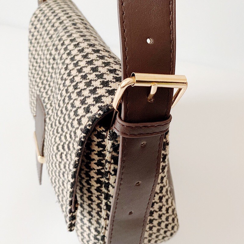 Tas Selempang Wanita Shena Motif Houndstooth korean Tweed Wool Slingbag Import Classic style korea