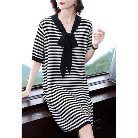 Dress Lengan Pendek A-line Bergaris Fashion Minimalis gaun