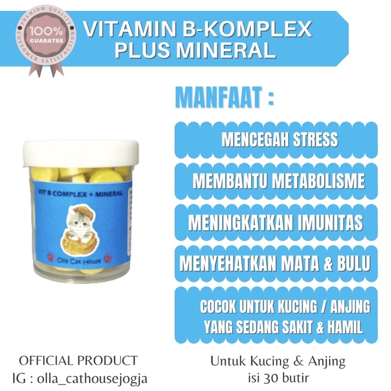 vitamin B-komplex + mineral, vitamin imunitas kucing & anjing, vitamin untuk kucing sakit & stress