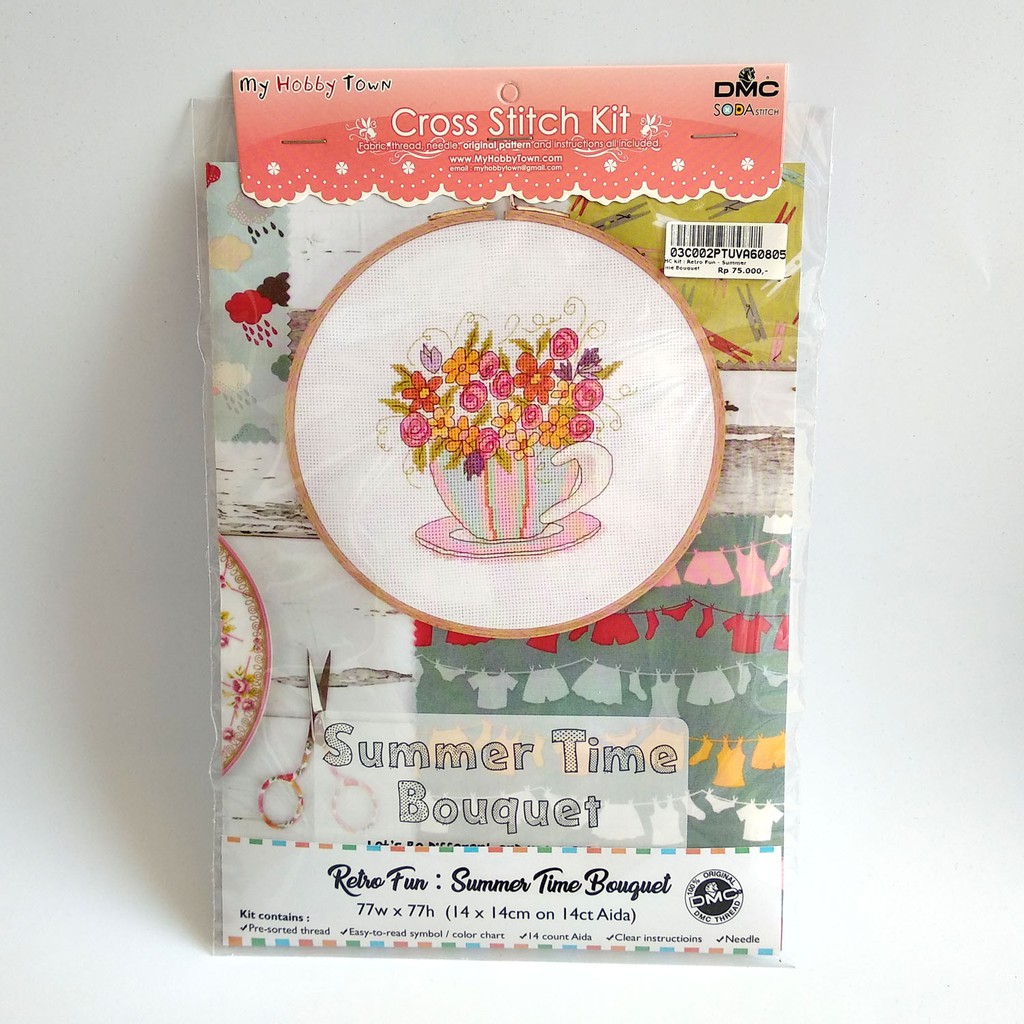 Paket DIY Craft Sulam Kristik Strimin TUVA Retro - Summer Time Bouquet Bunga Cangkir Teacup