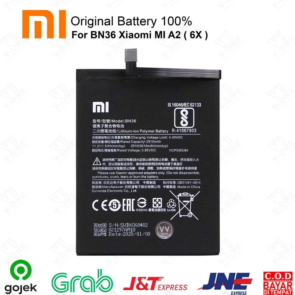 Baterai Battery BN36 Xiaomi MI A2 ( 6X ) Kualitas Original 100%