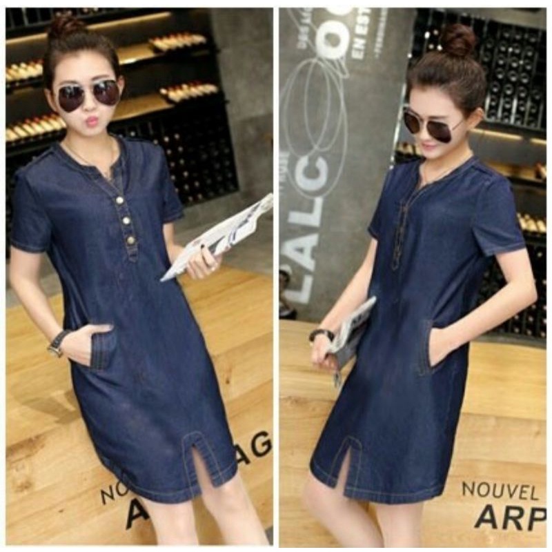 A396 Dress Denim, Dress Jeans, Dress Lengan Pendek Denim