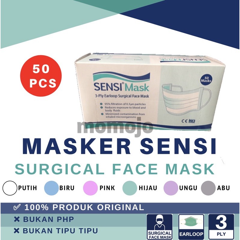 MASKER SENSI SURGICAL FACE MASK 3 PLY ISI 50 EARLOOP WARNA