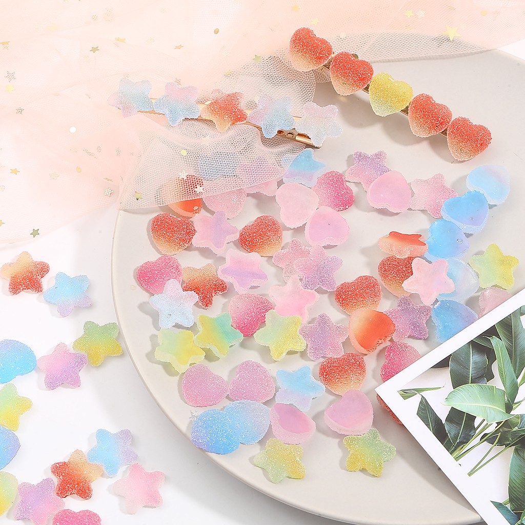 CHARMS 20 / 40pcs / Set Charm Cabochon Bentuk Hati / Bintang / Permen Bahan Resin Multiwarna Untuk Scrapbook Diy