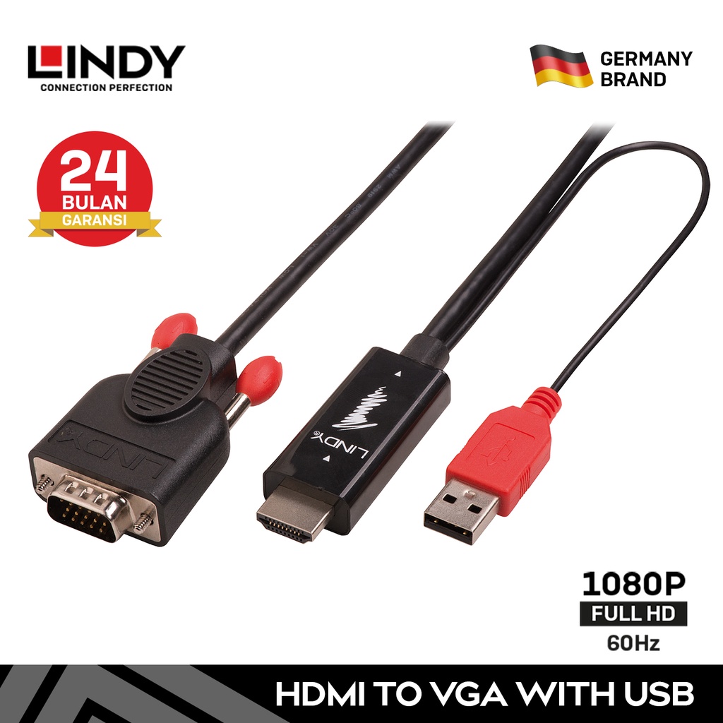 LINDY Kabel HDMI to VGA 1M  2M 3M Converter Adapter Cable with USB Power 41455 41456 41457