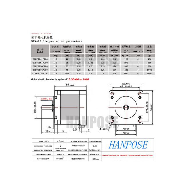 dinamo Stepper motor nema 23 23HS7628 18900 gcm