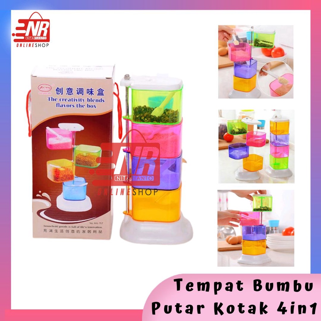 Tempat Bumbu Putar 4 in 1 Tempat Rak Bumbu Dapur Tempat Bumbu Susun 4 Tempat Bumbu Plus Sendok Takaran Set Alat