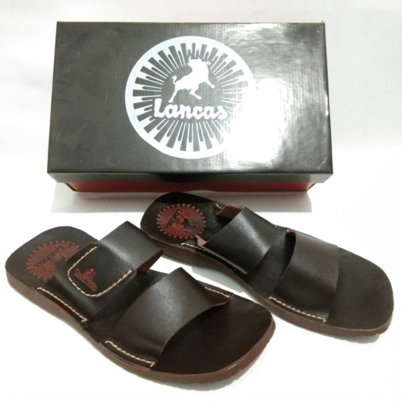 Sandal pria slop kulit lancas casual cokelat