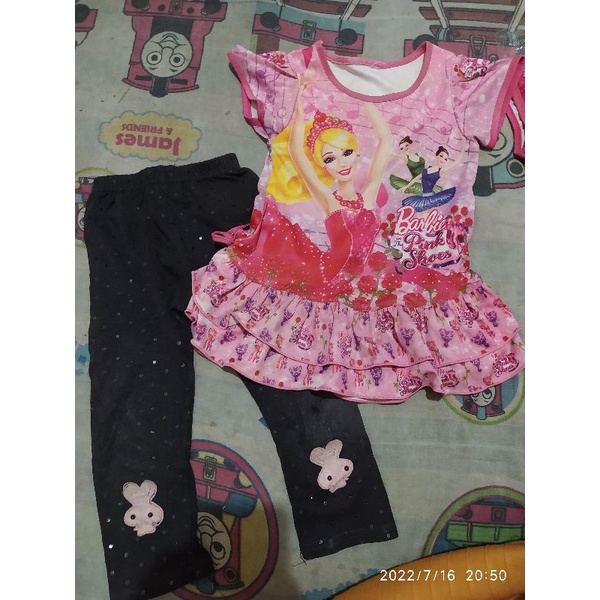 setelan dress celana panjang anak barbie pink