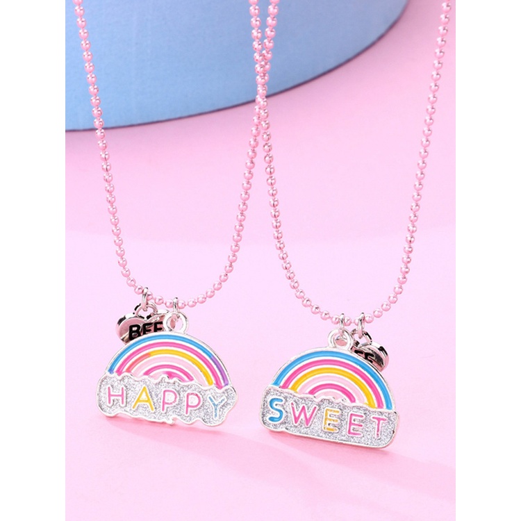 2pcs / Set Kalung Rantai Liontin Tulisan Happy Best Friends Warna Pelangi Untuk Anak Perempuan